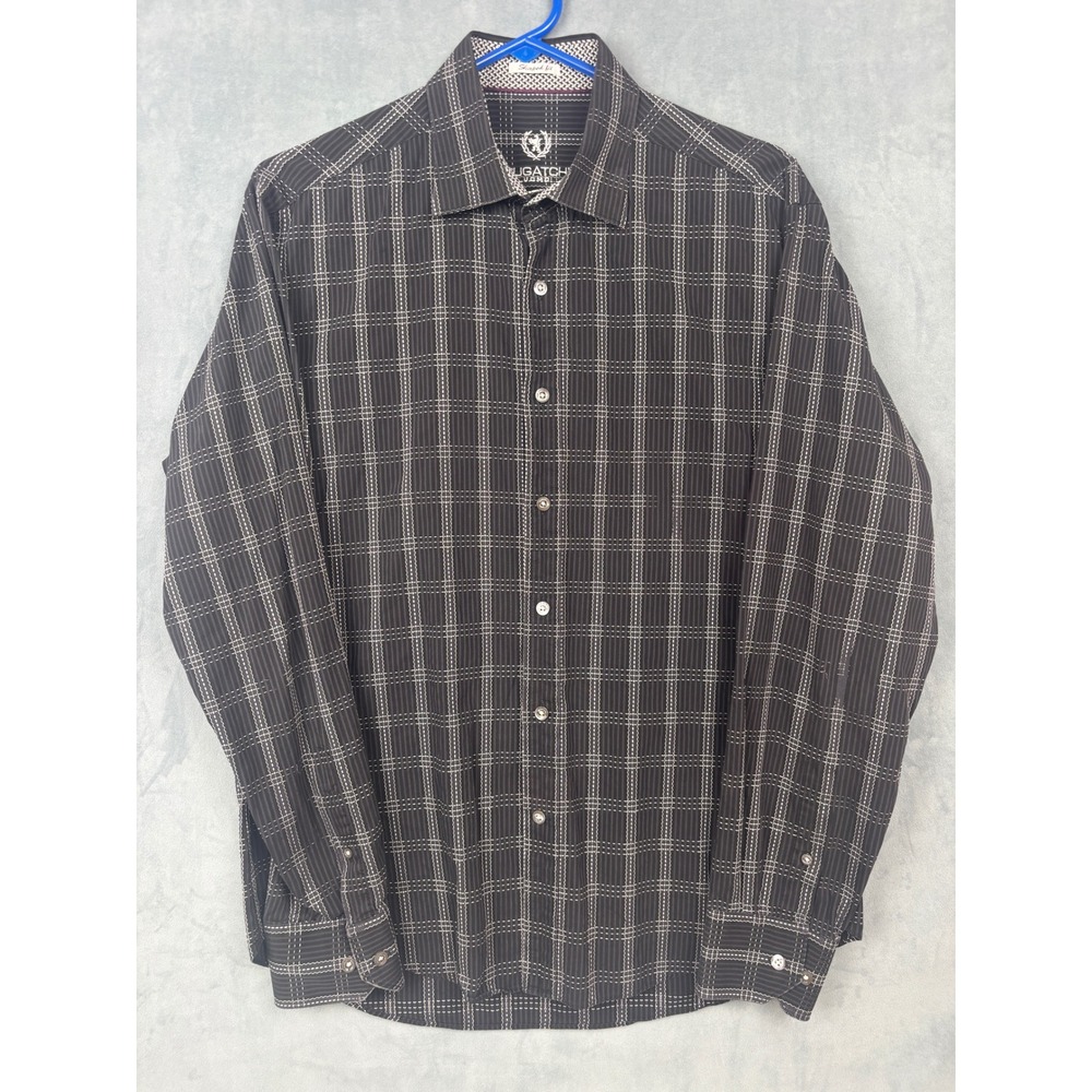 Bugatchi Uomo Mens Black White Grid Button Down Shirt Shaped Fit Medium